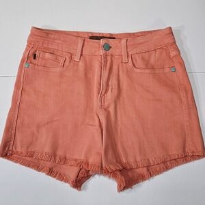 Judy Blue Coral Pink Garment Dyed Fringe Hem Denim Shorts JB150217 Womens Small